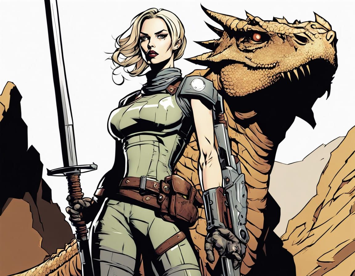 Surreal Post-Apocalyptic Warrior Maiden Battles Dracosaur in...