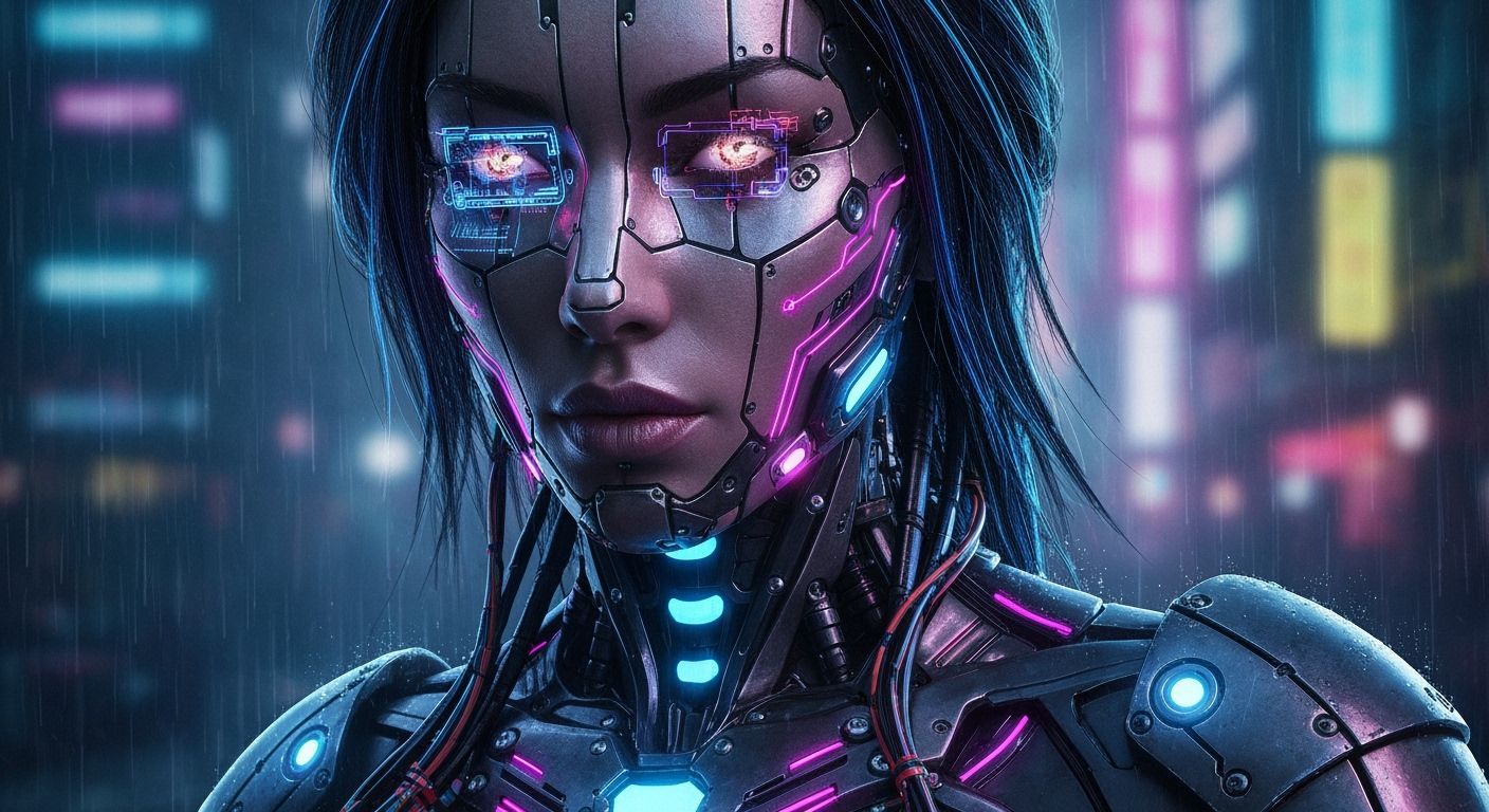 Cyberpunk Cyborg Woman Portrait in Neon City