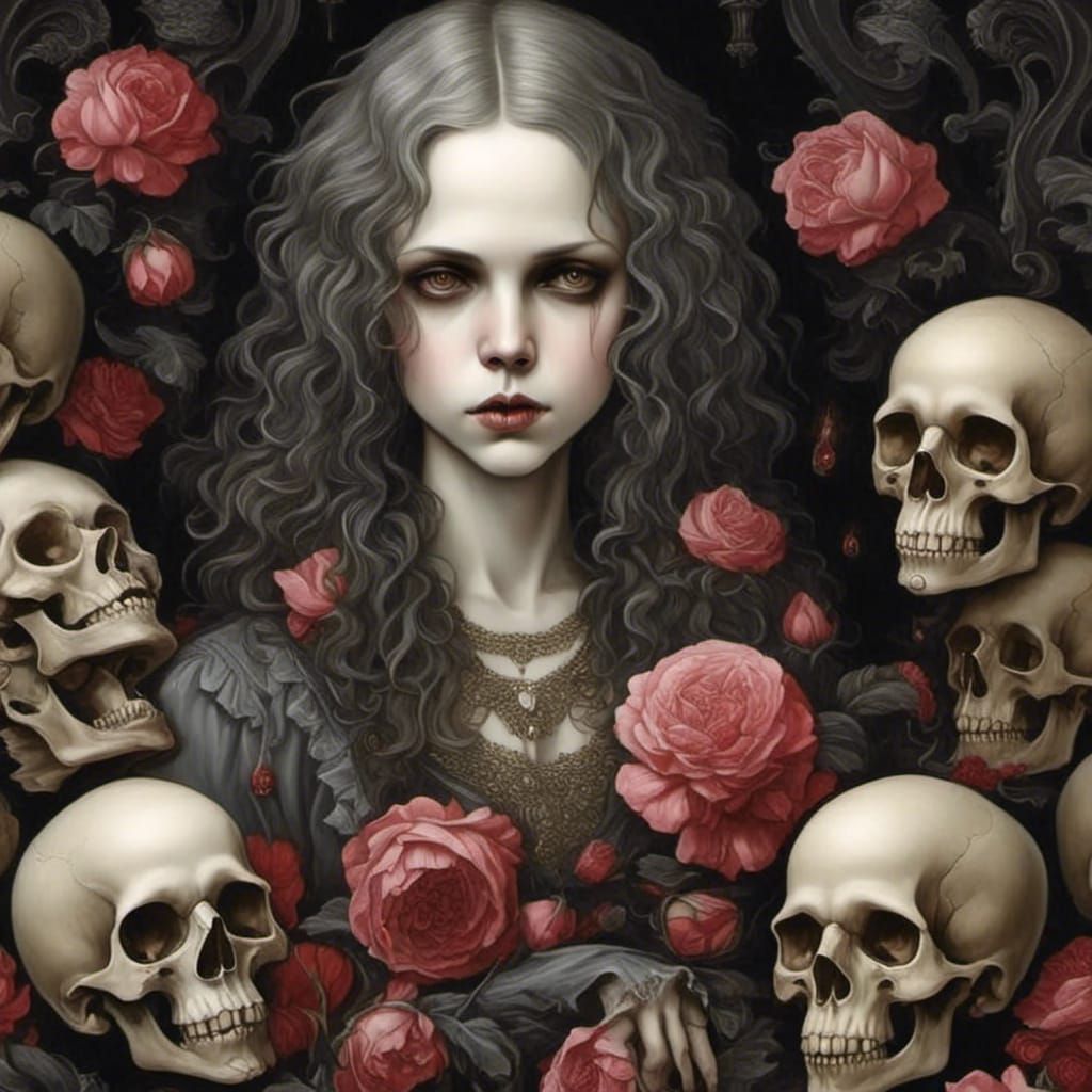 Gothic Vampire with Rotting Skulls in Surreal Style