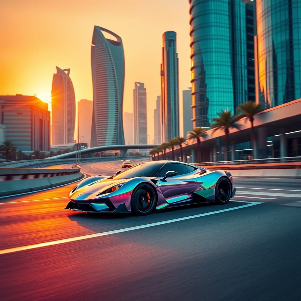 Futuristic Car on Neon Highway at Sunset