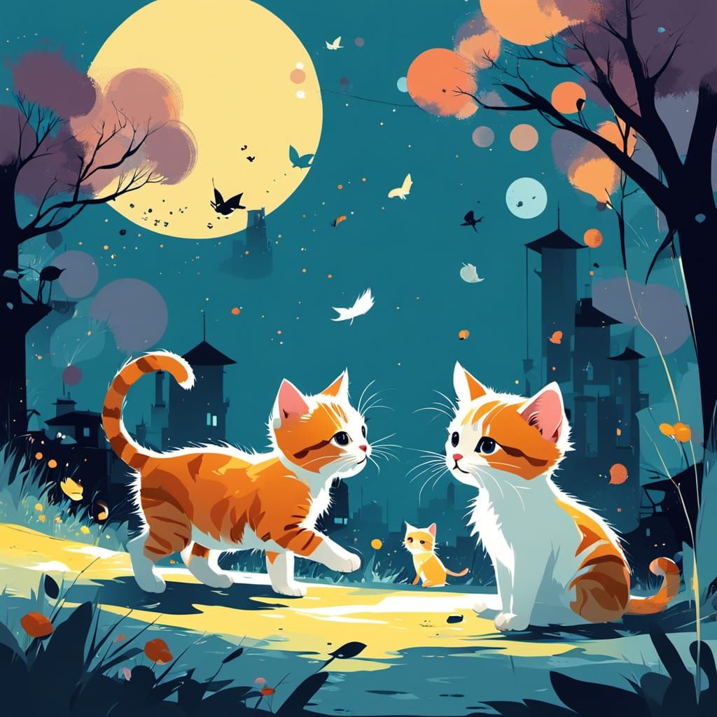 Kittens Playing: Vivid Digital Illustration