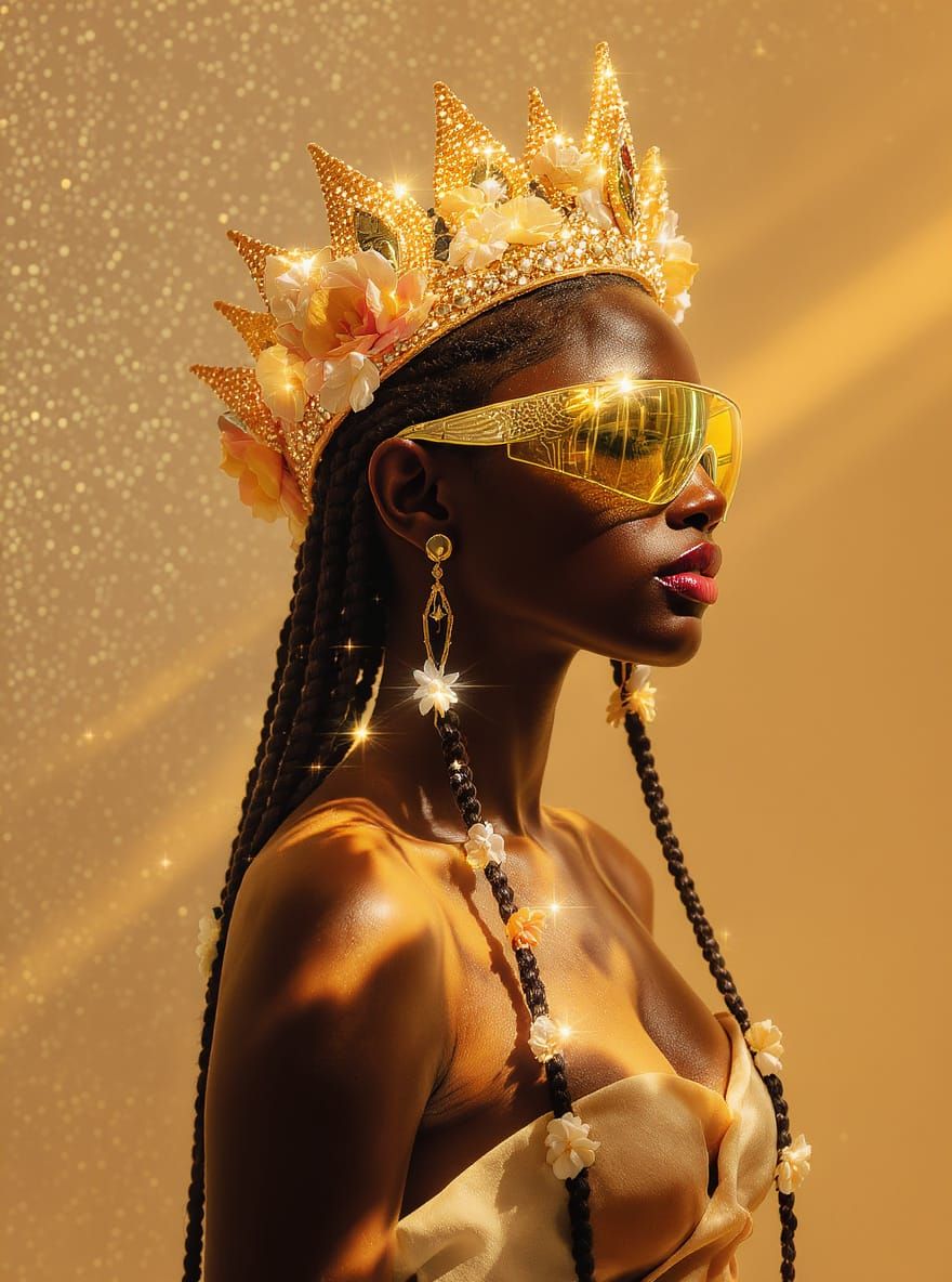 Afrofuturist Woman with Glowing Crown in Fashion Editorial