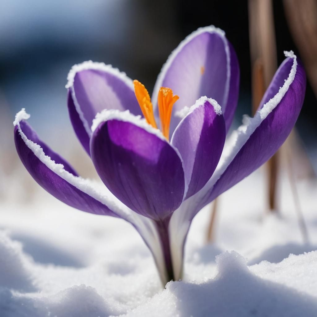 Purple Crocus Flower in Winter Landscape