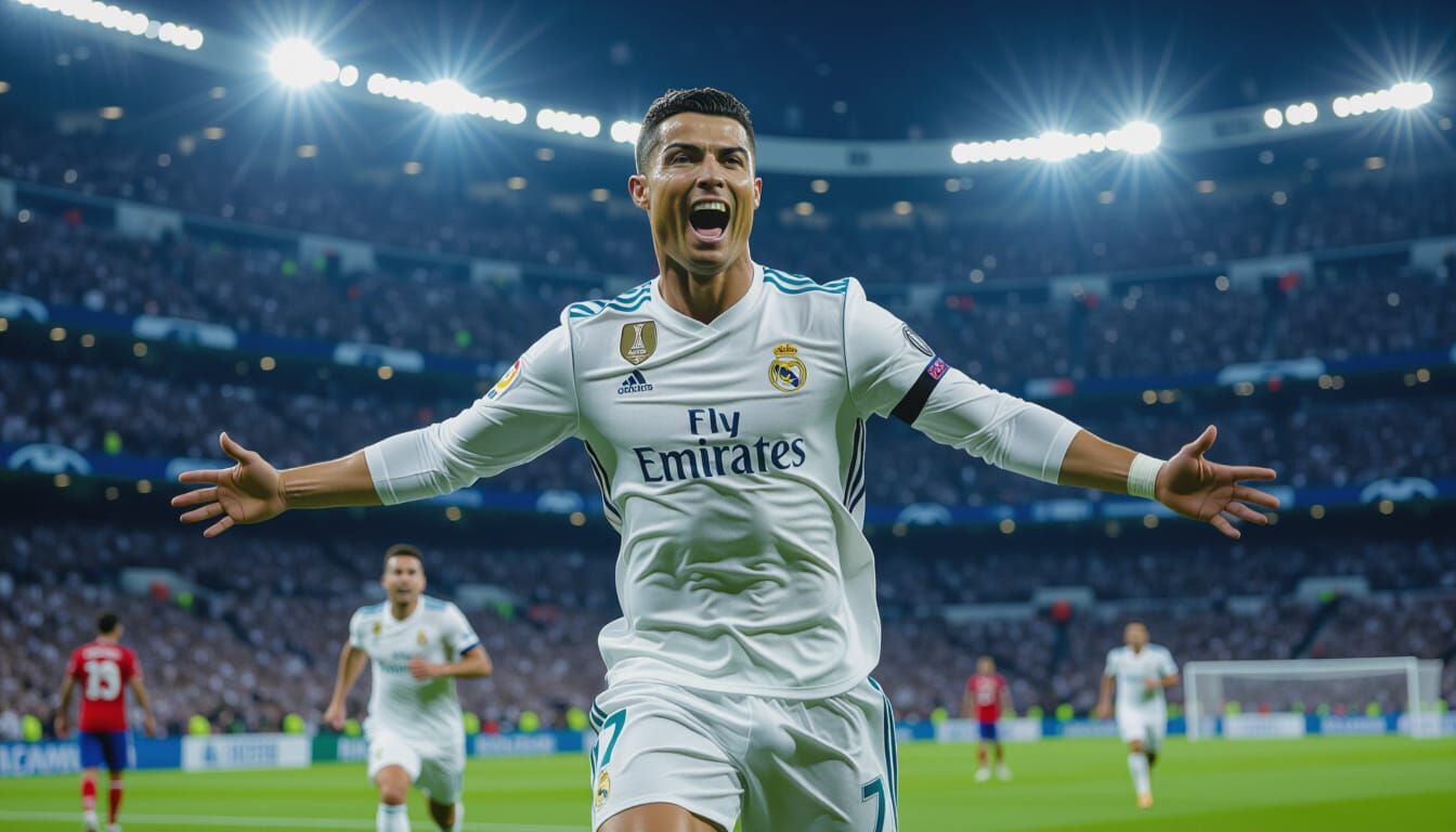 Cristiano Ronaldo Celebrates Goal in Stadium Lights