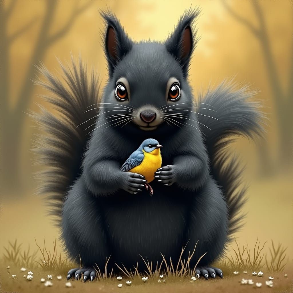 Squirrel Holding Birds, Impressionistic Wildlife Art