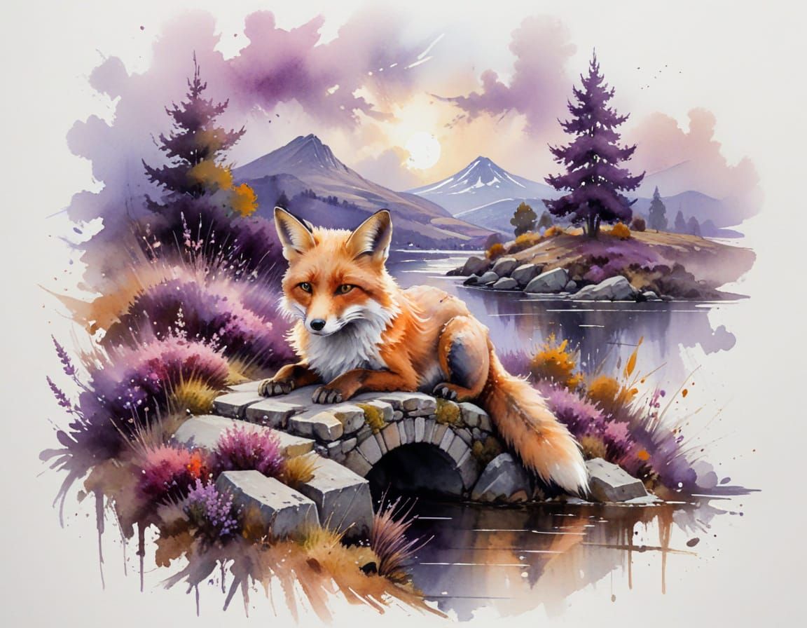 Fox Rests in Heather by Moonlit Countryside Bridge