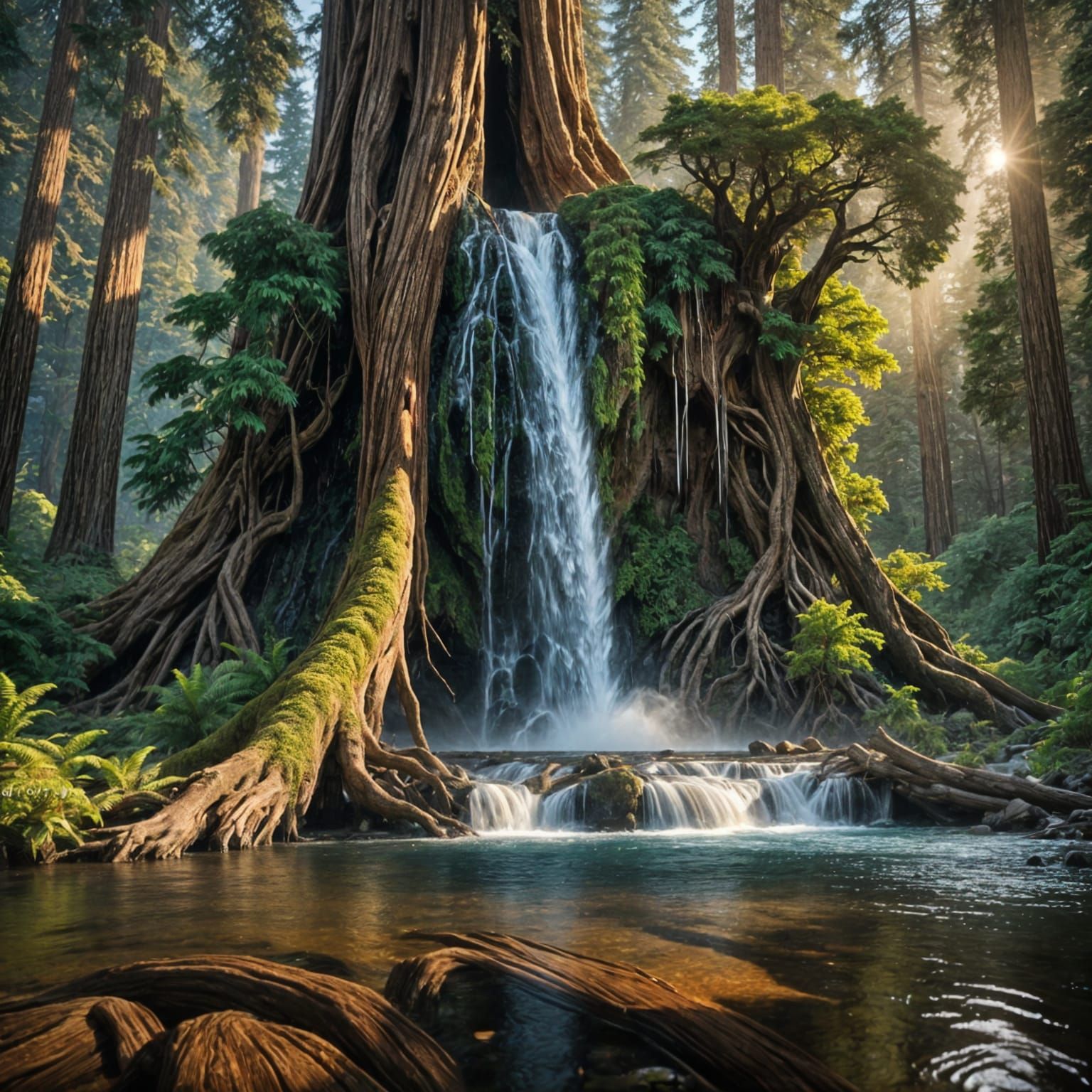 Waterfall Inside Redwood Tree at Sunrise