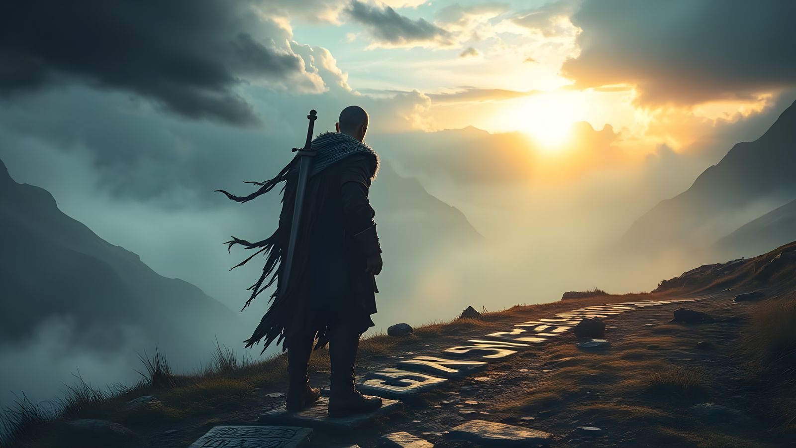 Nordic Warrior on Misty Mountain Path at Dawn