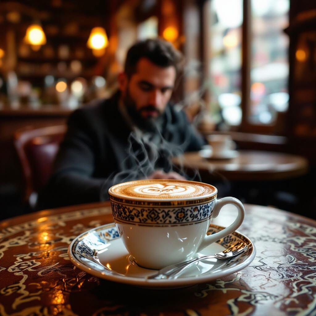 Man Sipping Turkish Coffee in Cozy Cafe