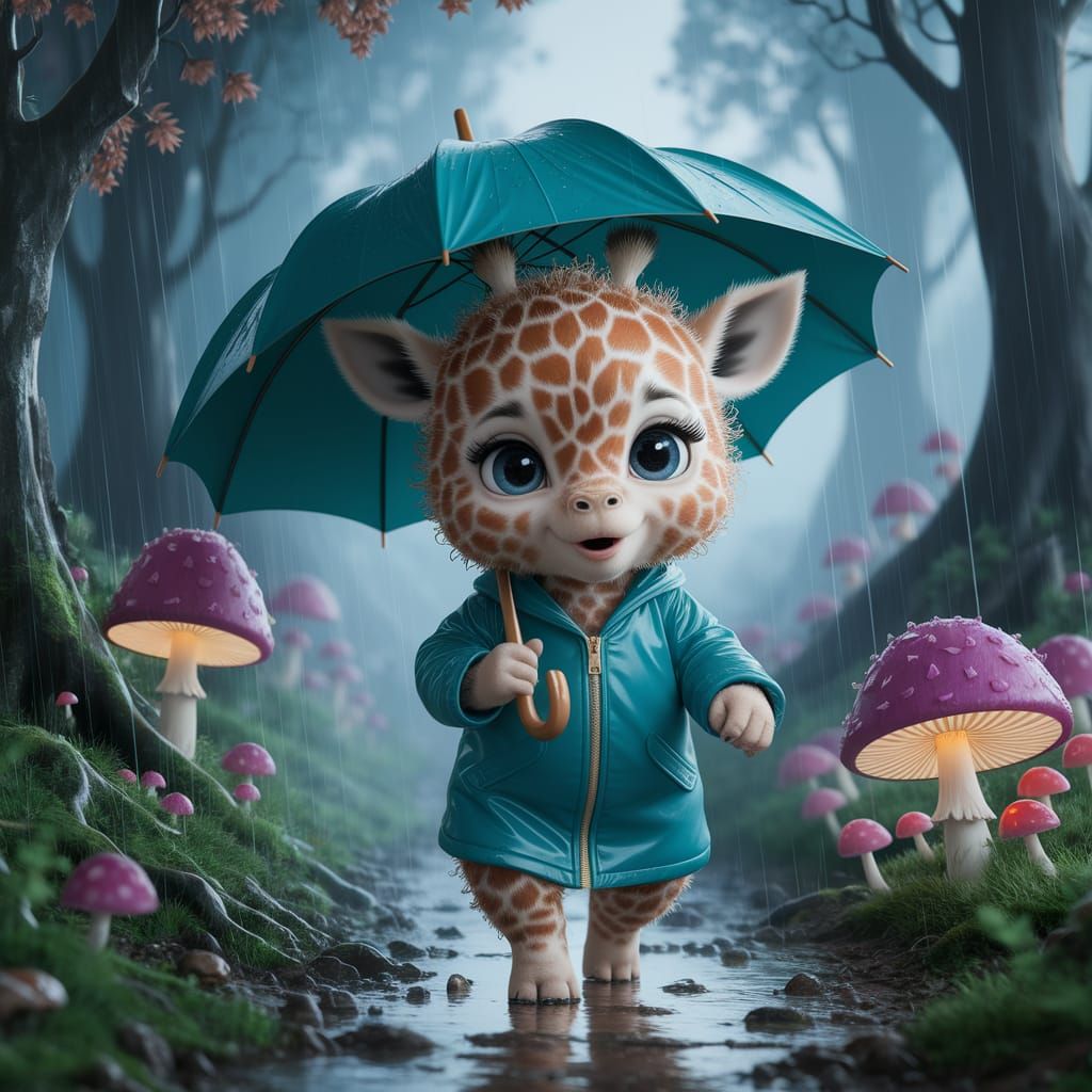 Whimsical Baby Giraffe in Rainy Forest
