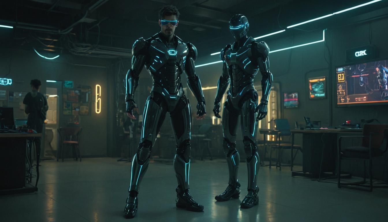 Cyberpunk Teacher in Futuristic Classroom, Neon Lights