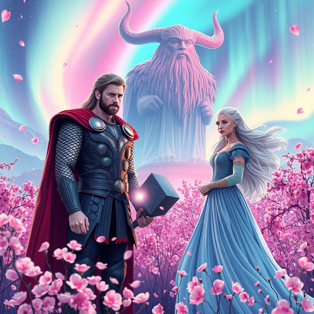 Thor and Daenerys in Synthwave Cherry Blossom Field