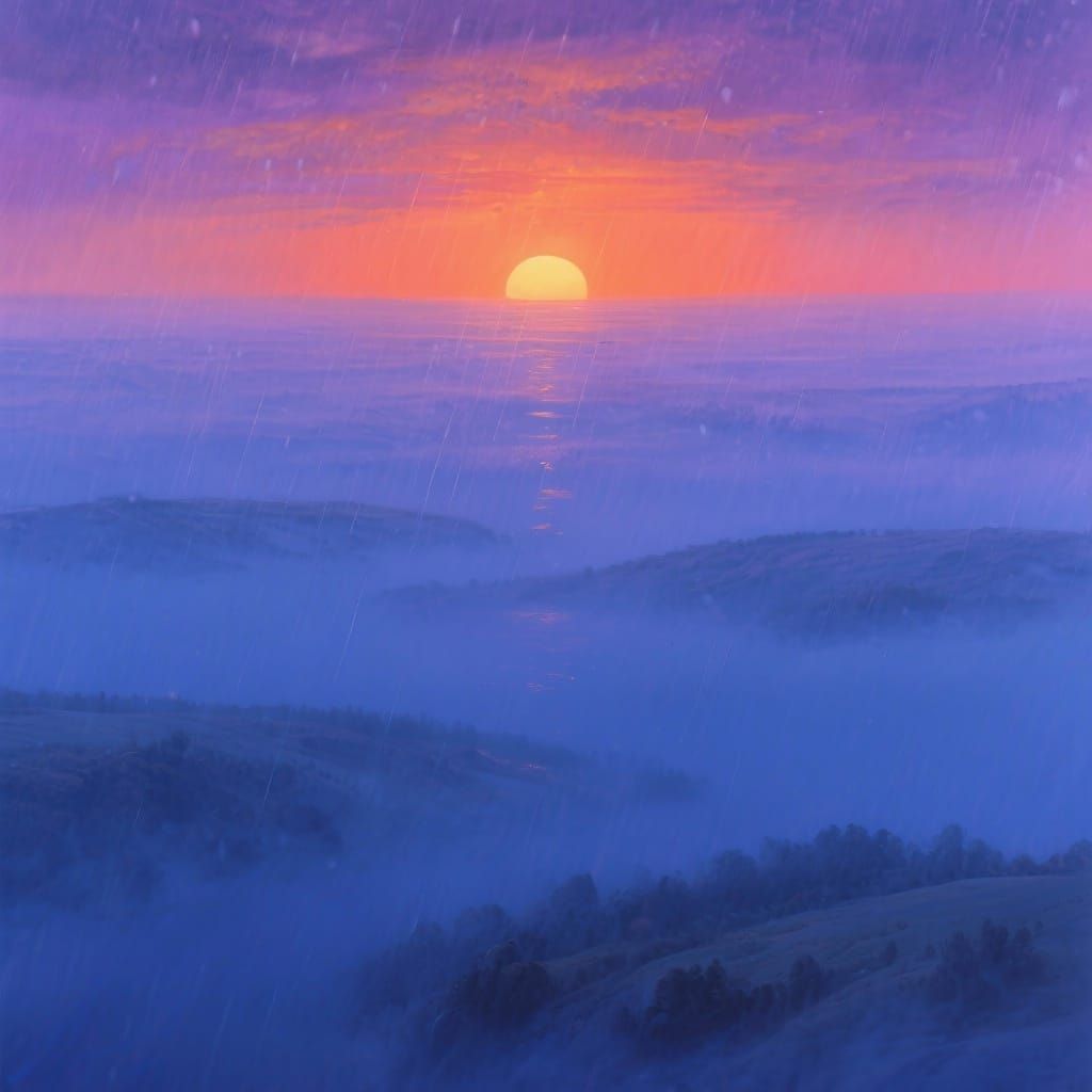 Surreal Upward Rain & Rising Sun Over Misty Horizon