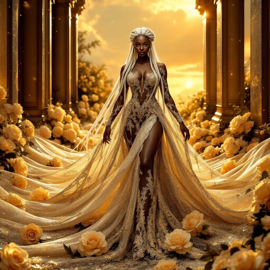 Majestic Woman in Gold Gown with Roses