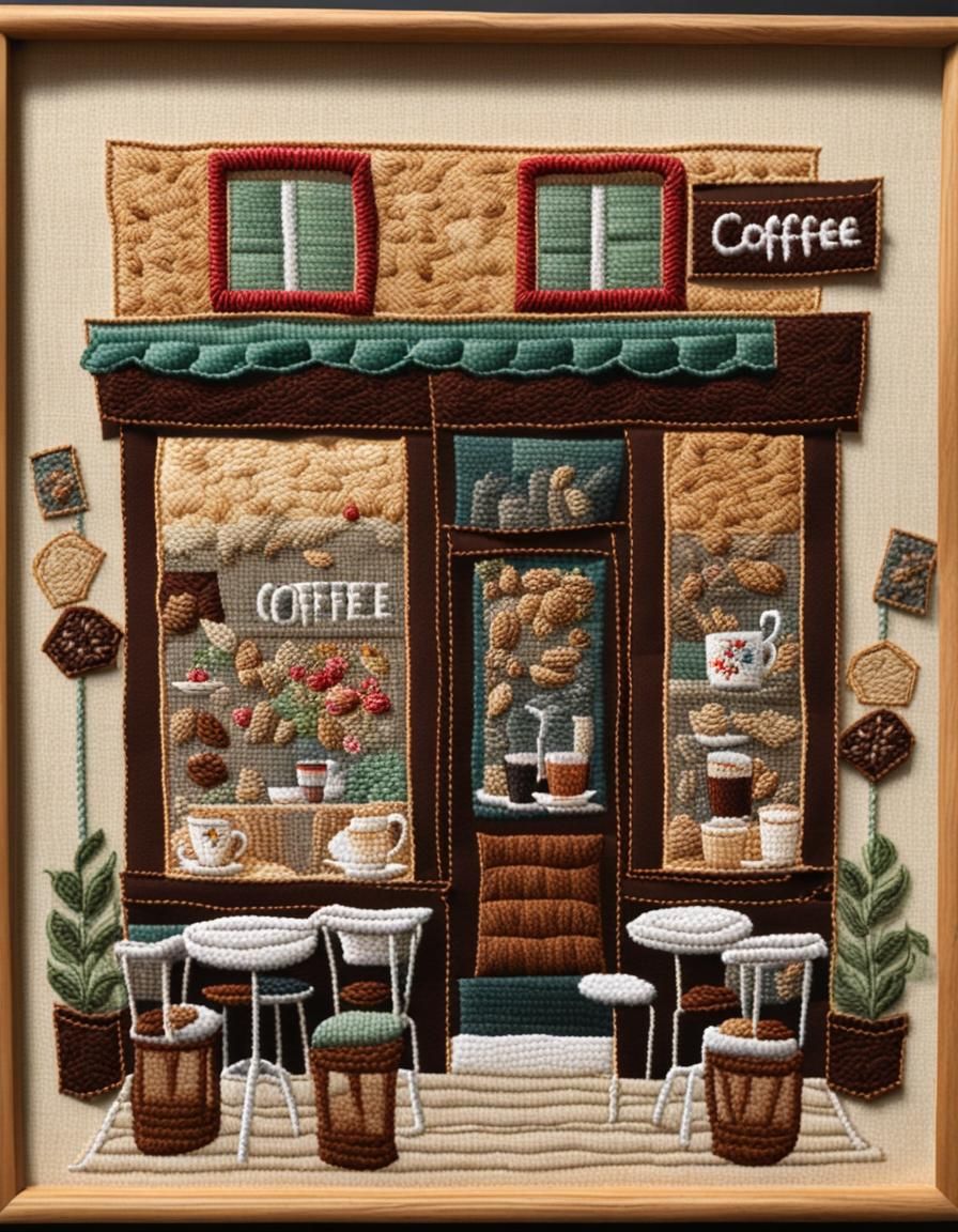 Cozy Hand-Stitched Coffee Shop Scene