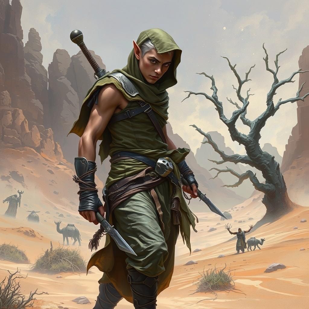 Dark Elf Thief in Desert Landscape, Dark Fantasy Art