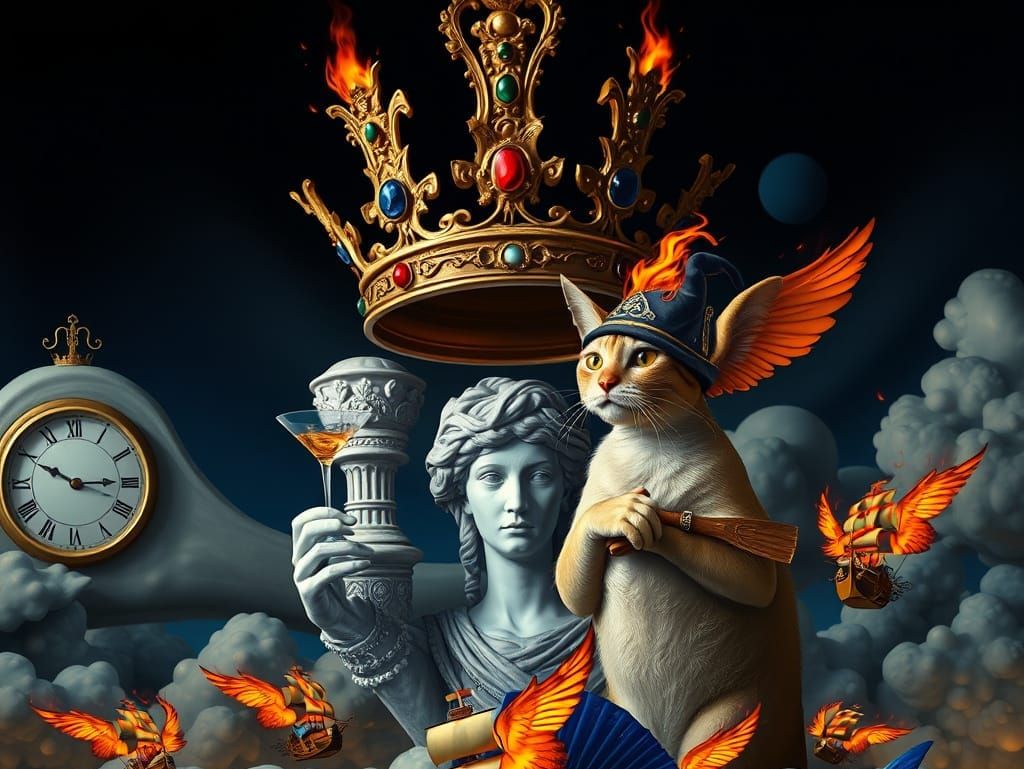 Surreal Siamese Cat with Crown and Pirate Ships