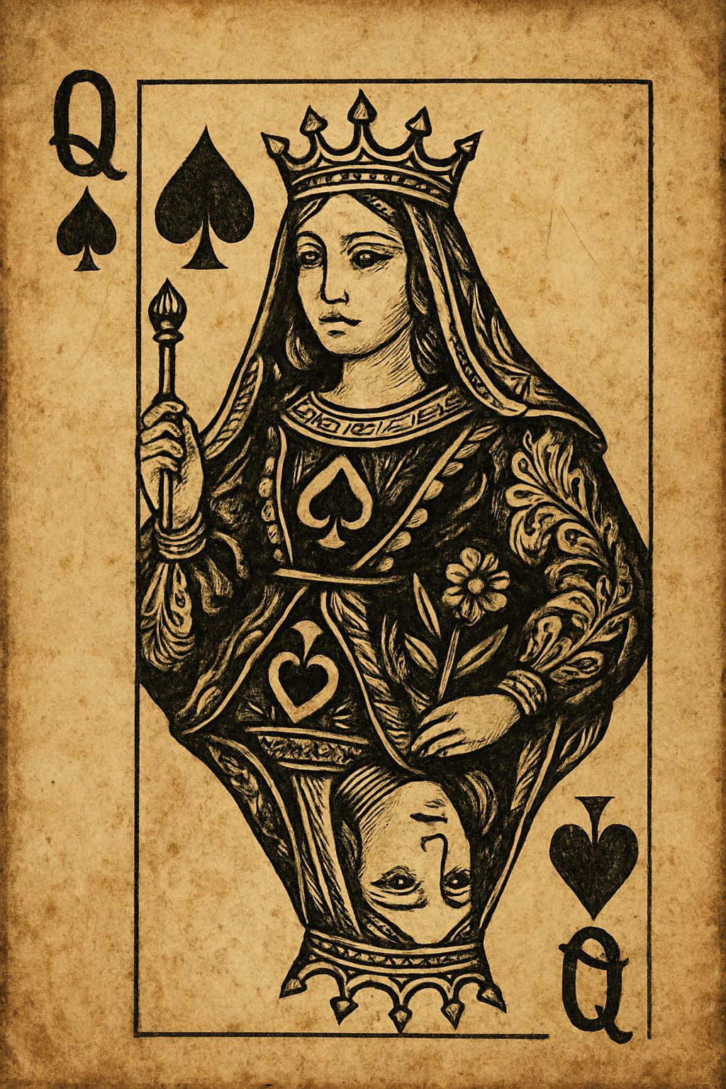 Artistic Queen of Spades on Worn Paper