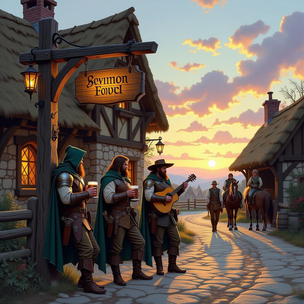 Adventurers Gather at Rustic Inn at Sunset
