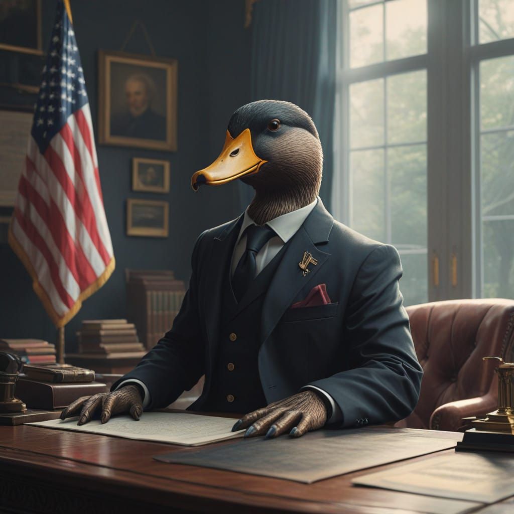 Sinister Mallard Duck Rules from the Oval Office in Cyberpun...