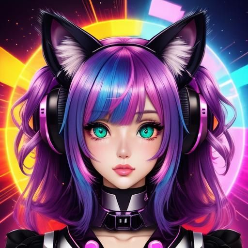Kawaii Anime Girl with Cat Ears in Synthwave Style