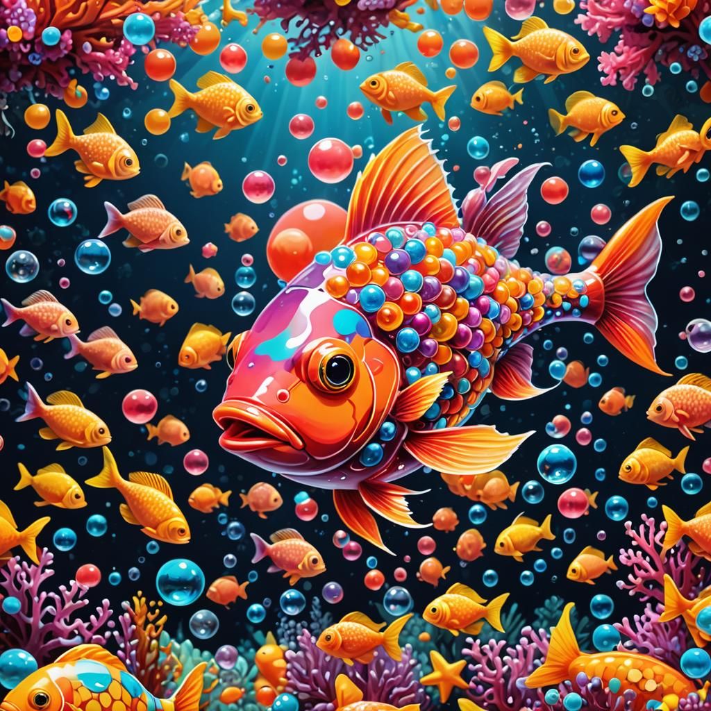 Jelly Bubble Fish in Coral Reef Graffiti Art