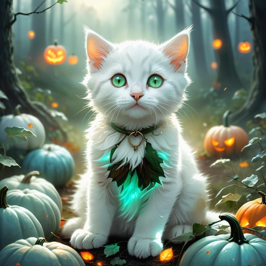 Kitten in Pumpkin Patch Fantasy Art