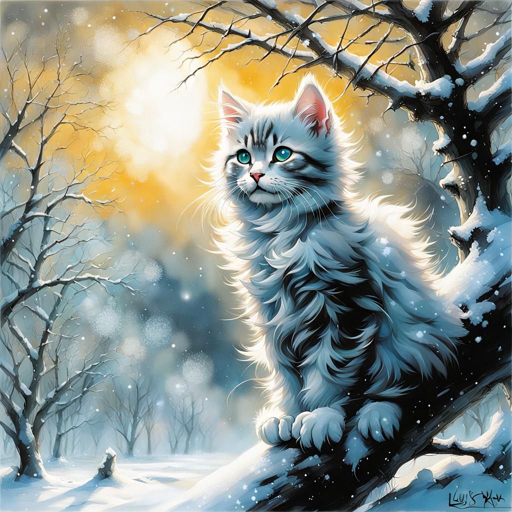 Happy Kitten Climbing Winter Tree at Dawn