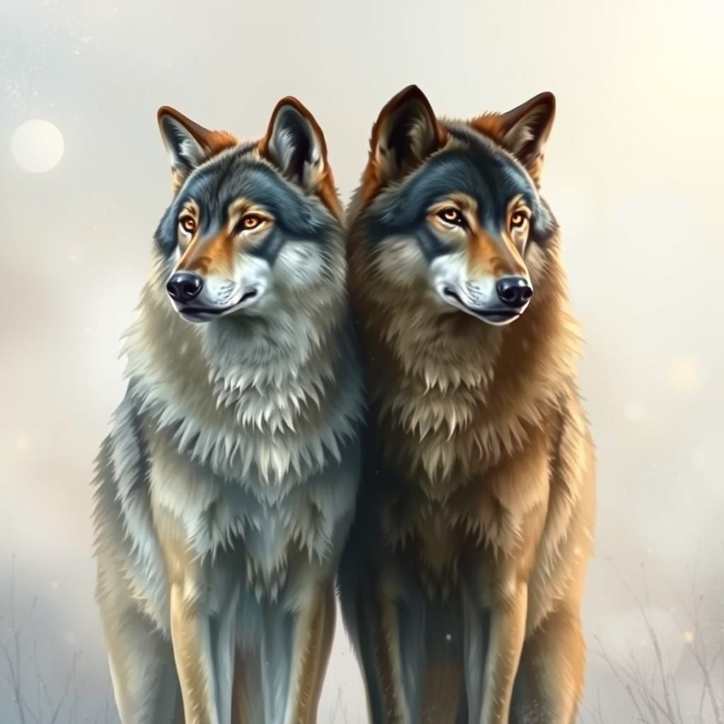 Two Wolves Stand Vigilant in Dreamlike Watercolor Landscape