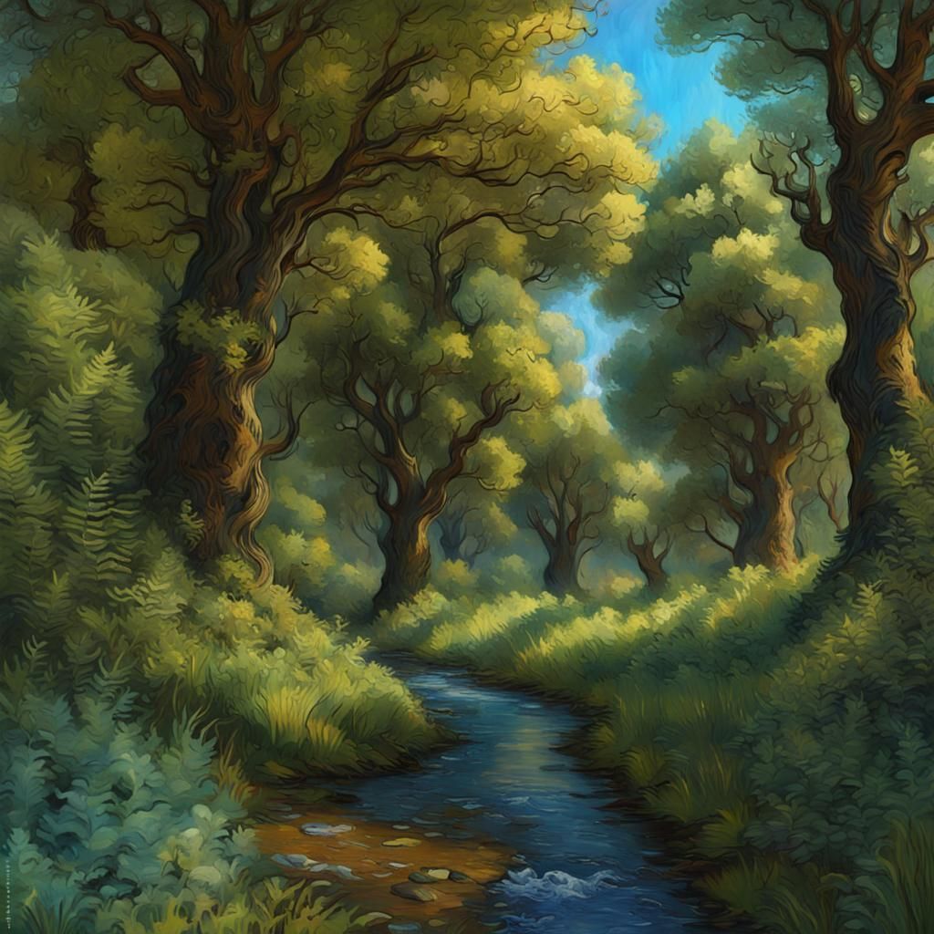 Enchanting Forest Creek in Van Gogh Style