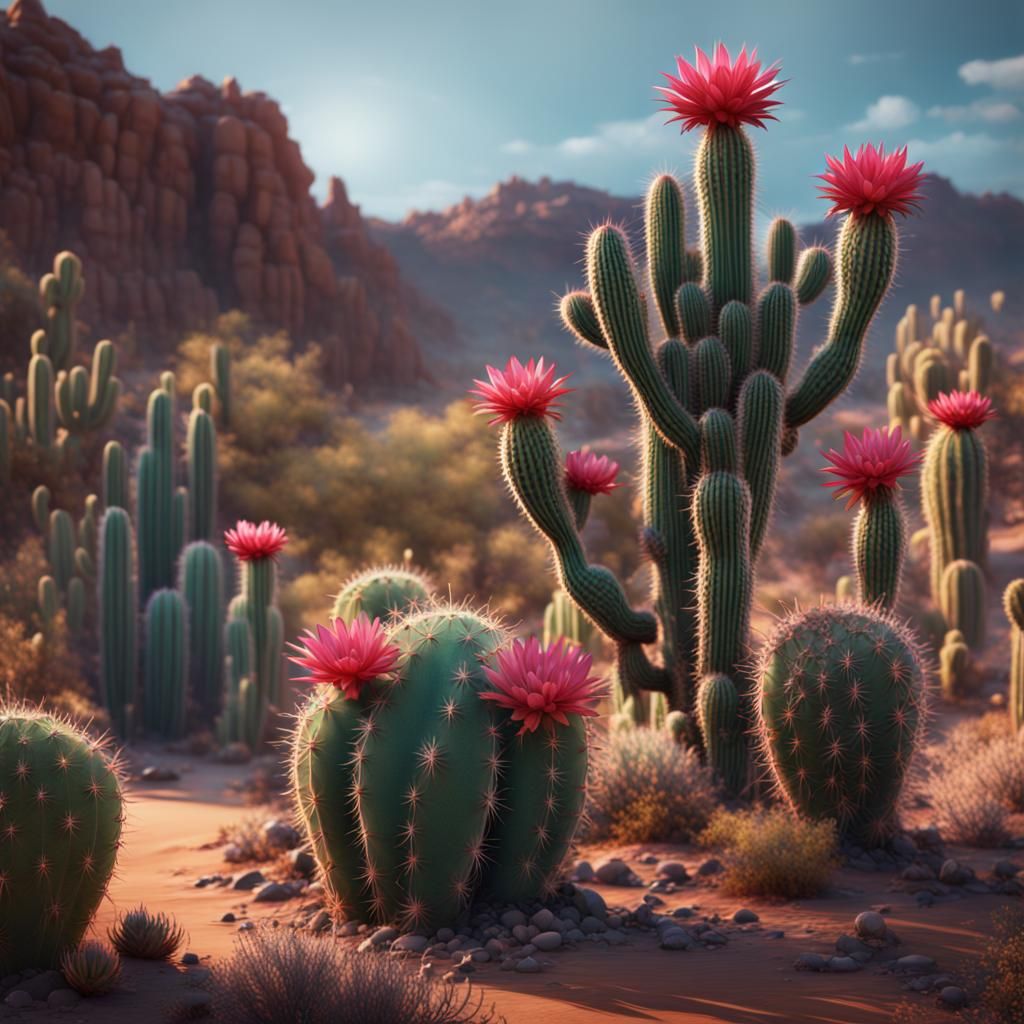 Summer Desert Cactus Bloom in Detailed Matte Painting