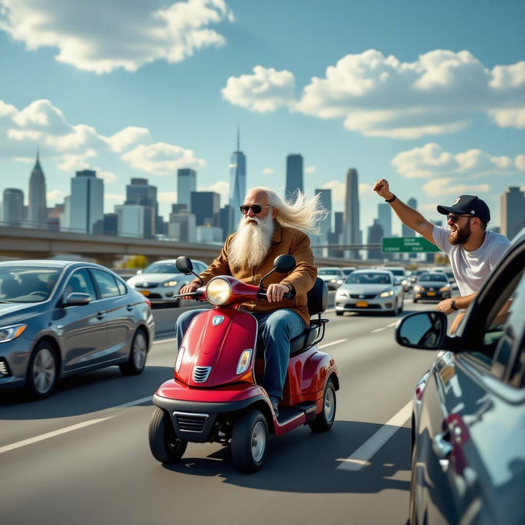 Elderly Man Speeds Down Highway on Red Mobility Scooter