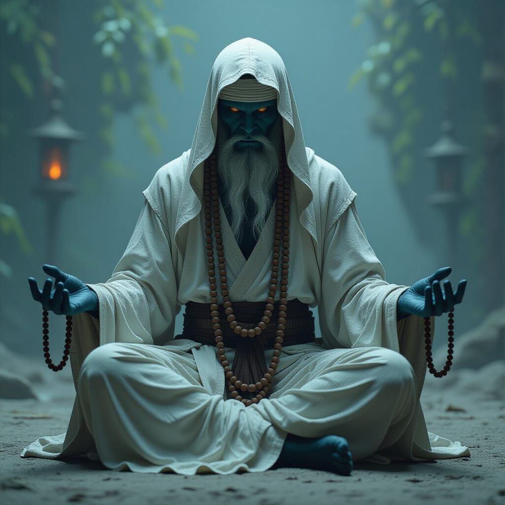 Ethereal Primate in Meditative Pose: Dark Mystical Art