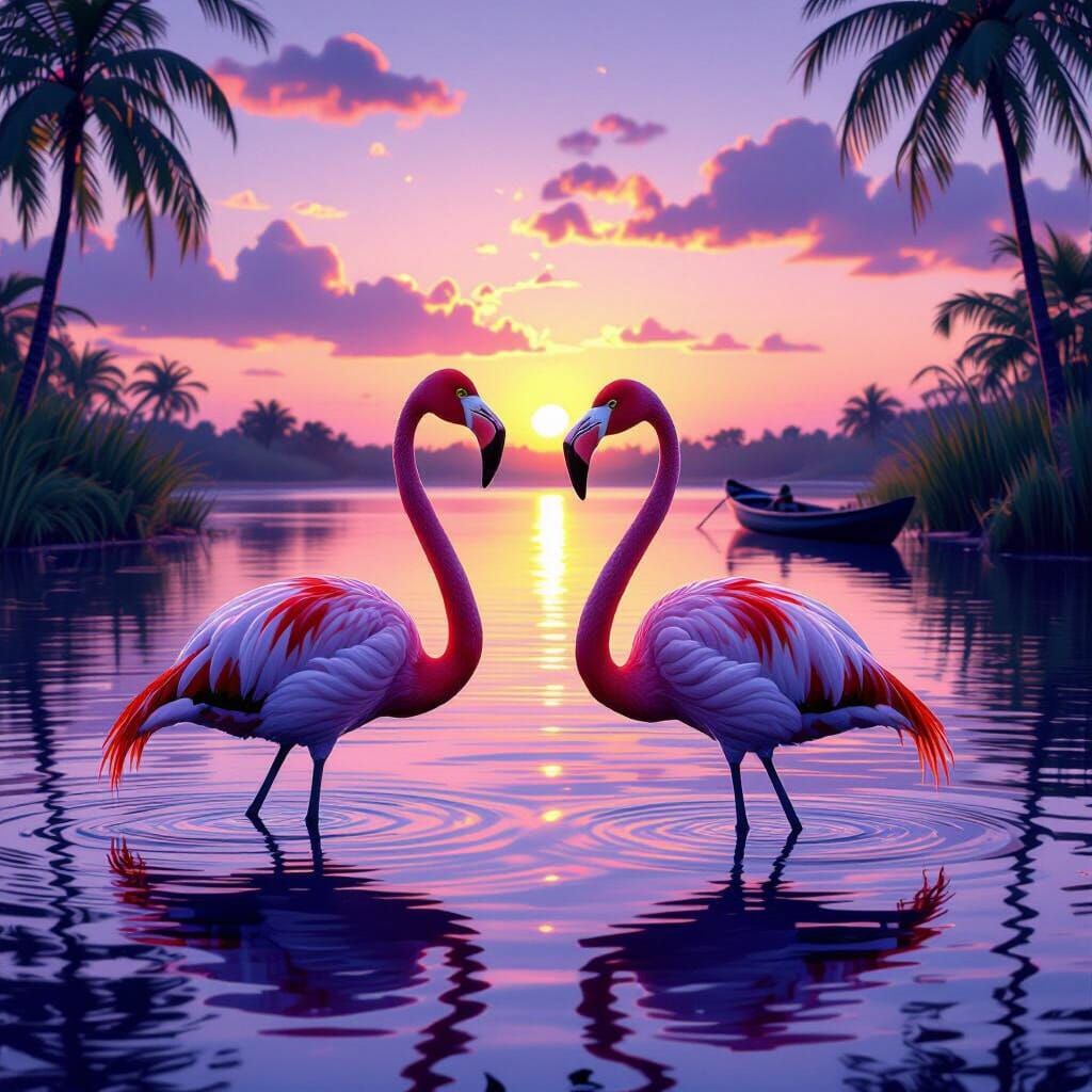 Pink Flamingos in Sunset Laguna: Hyperrealistic Photography