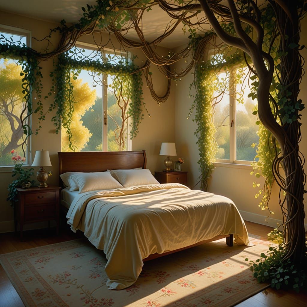 Ethereal Bedroom with Bioluminescent Pollen, in Surrealist S...