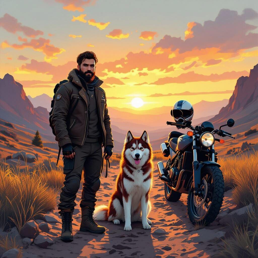Hiker and Husky at Sunset in Digital Art Style