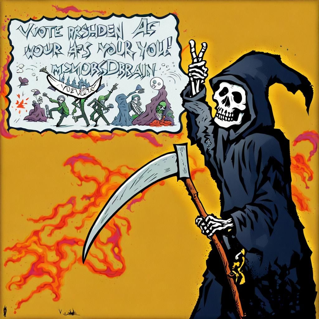 Cartoon Grim Reaper Giving Peace Sign
