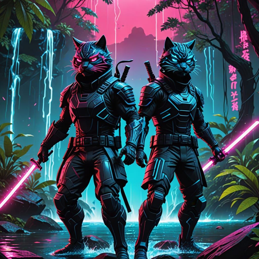 Ninja Cats Clash in Neon Jungle Brawl