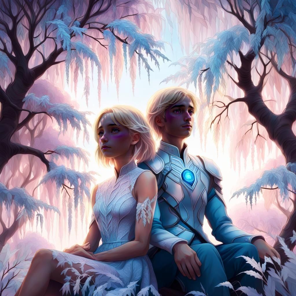 Fantasy Girl and Boy Under Colorful Willow Tree