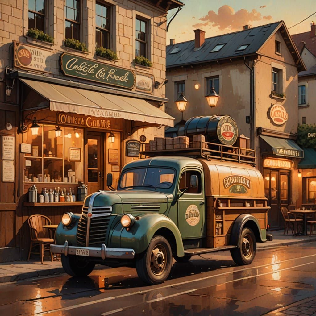Vintage Beer Truck in Cozy French Cafe Setting
