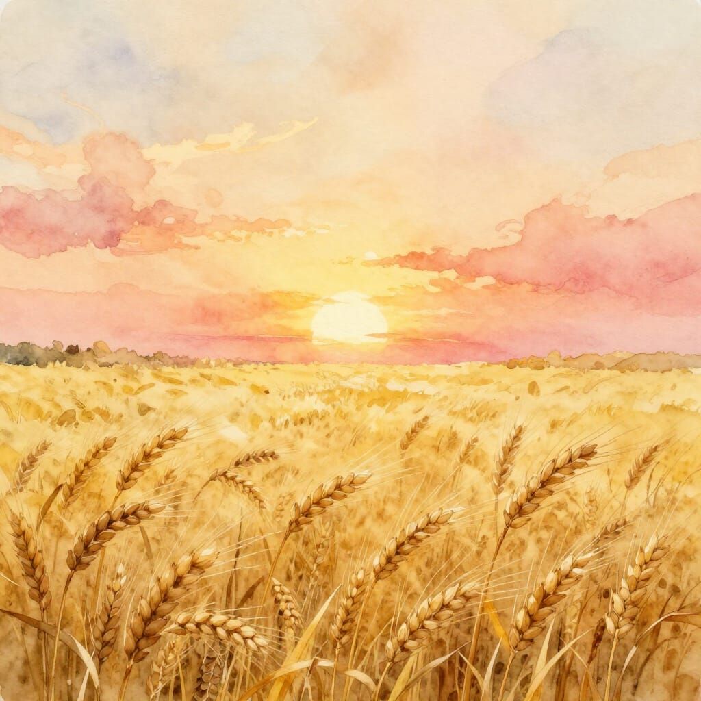 Golden Wheat Field at Sunset Watercolor
