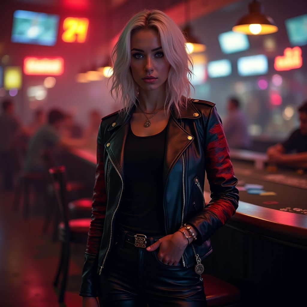 Hyperrealistic Photo of White-Haired Woman in Motorcycle Gea...