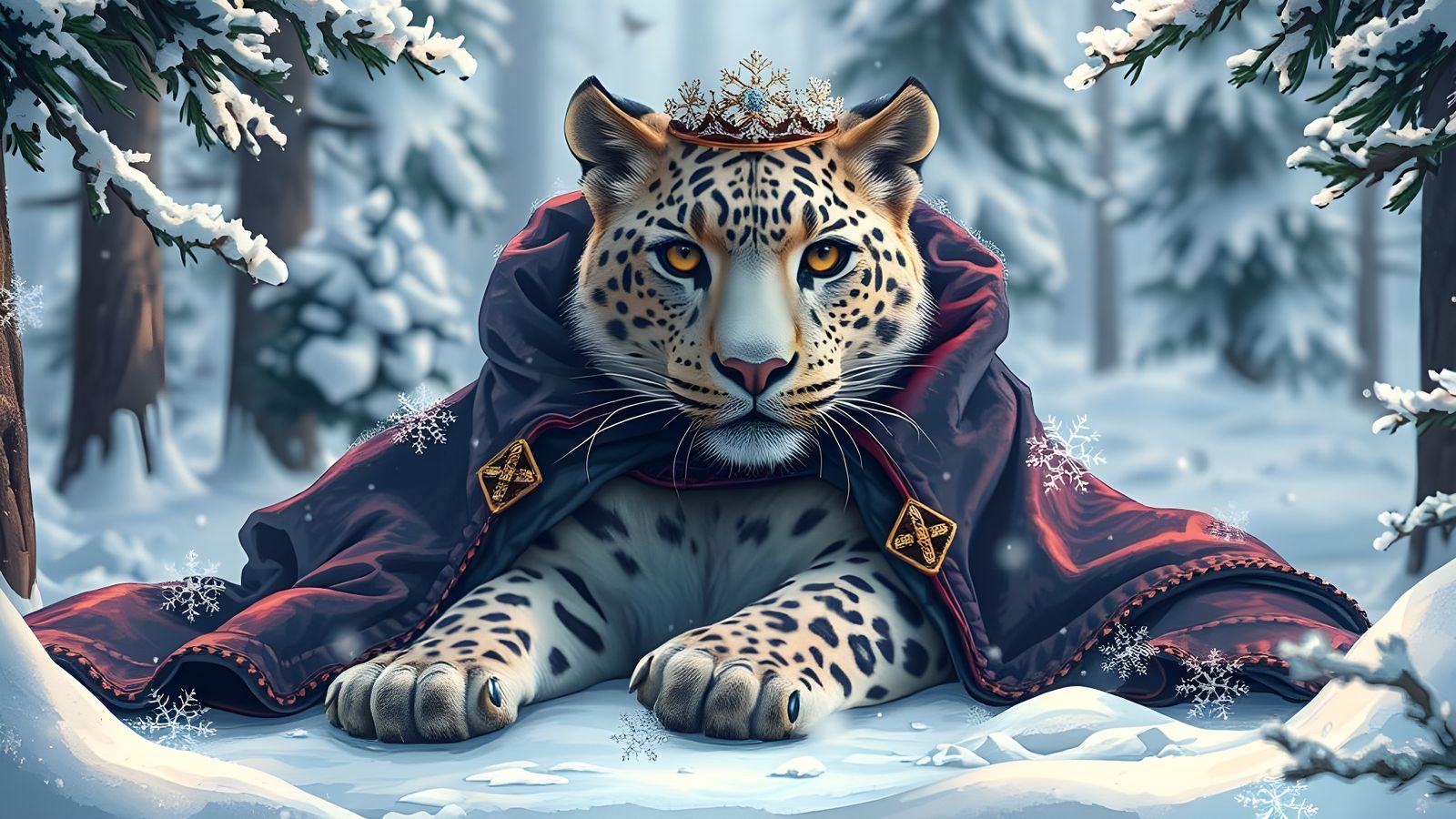 Snow Leopard with Snowflake Crown in Winter Forest