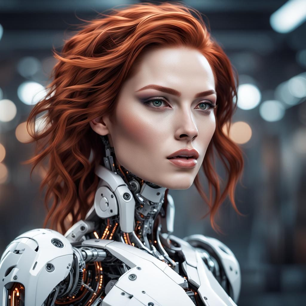 Auburn-Haired Cyborg Portrait in Cyberpunk Style