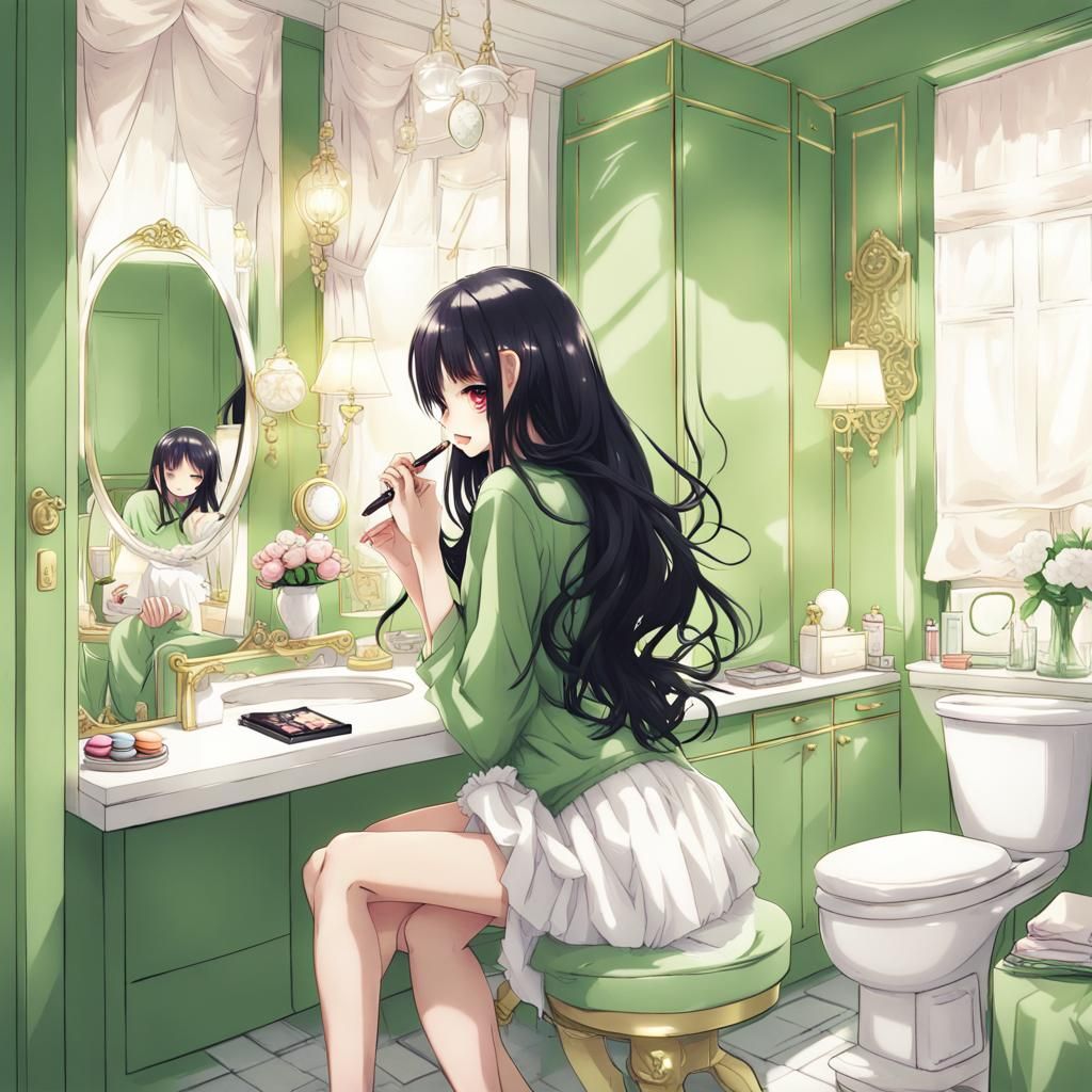 Anime Girl Doing Makeup in Luxurious Bathroom