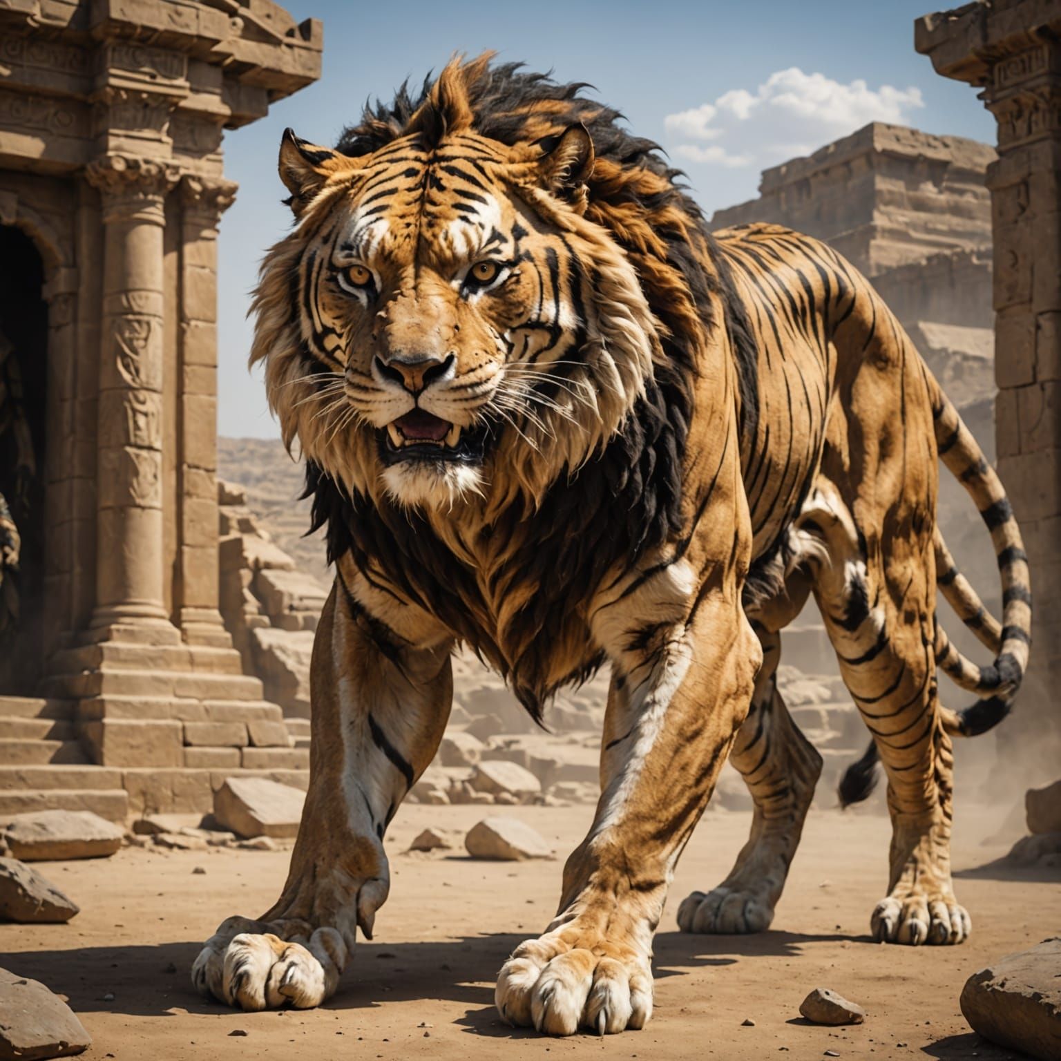 Majestic Nemean Liger Roams Free in a Fiery Landscape