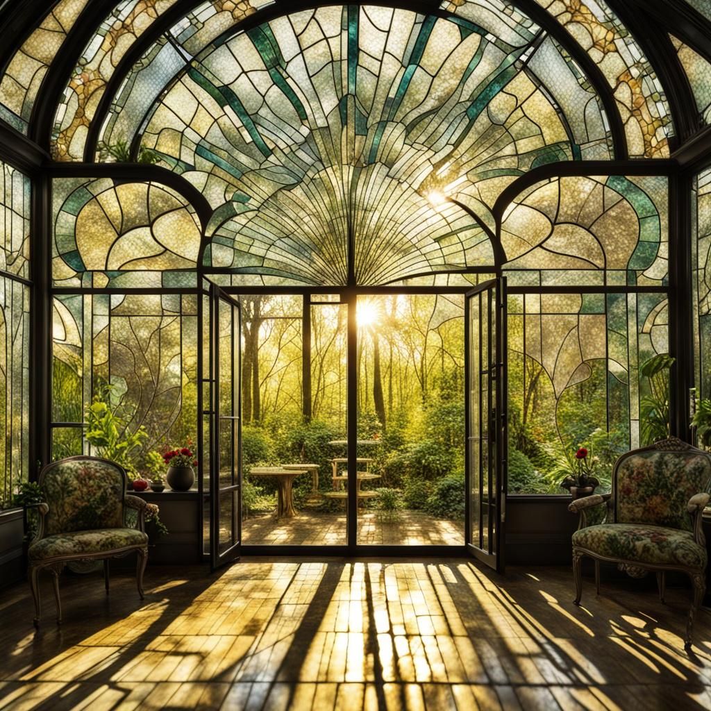 Glasshouse View Through Cracked Art Nouveau Glass