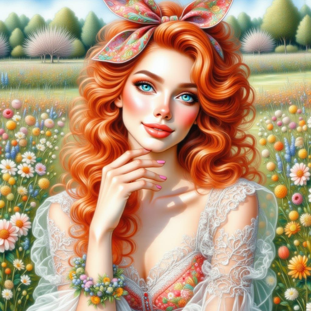 Young Irish Woman in Blossoming Orchard Watercolor Art