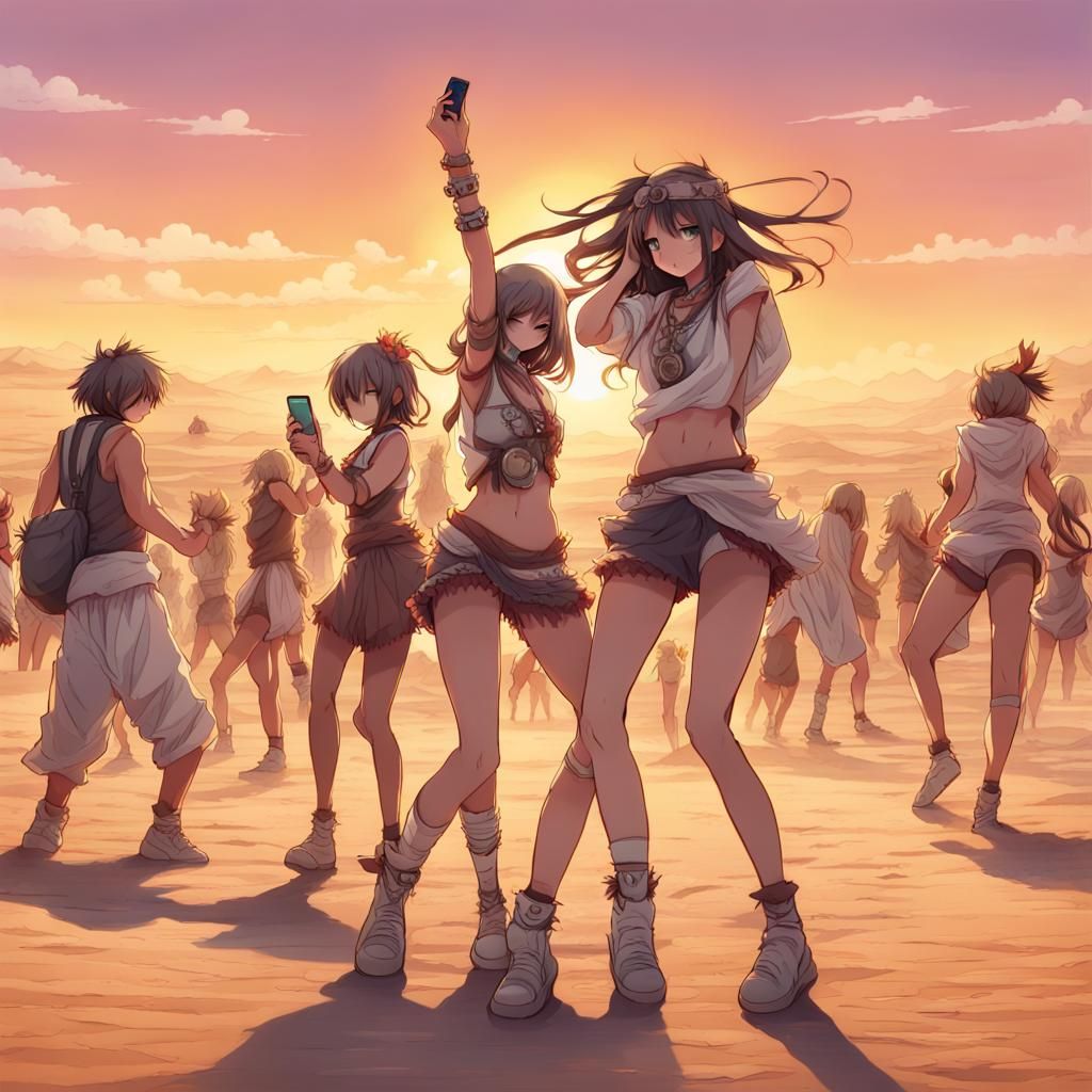 Desert Rave Protest at Burning Man in Anime Style