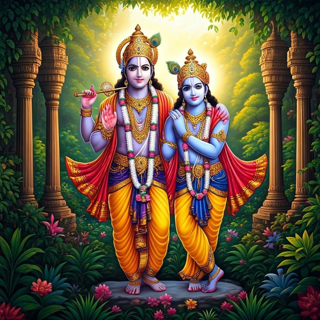 Lord Muruga and Krishna in Vibrant Forest